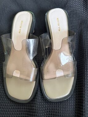 All Black Clear Strap Slide Mules in Cream and Black